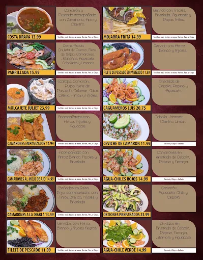 Juanita’s menu board: seafood, mixed grills and ceviche