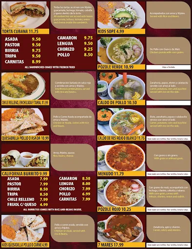Juanita’s menu board: tortas, burritos, soups and kids’ meals